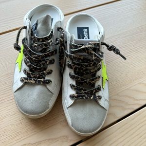 Size 38, Golden Goose Sabot Star Sneaker in White, Neon Star with Cheetah Laces